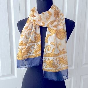 Elegant Gold and Navy Sheer Silk Scarf